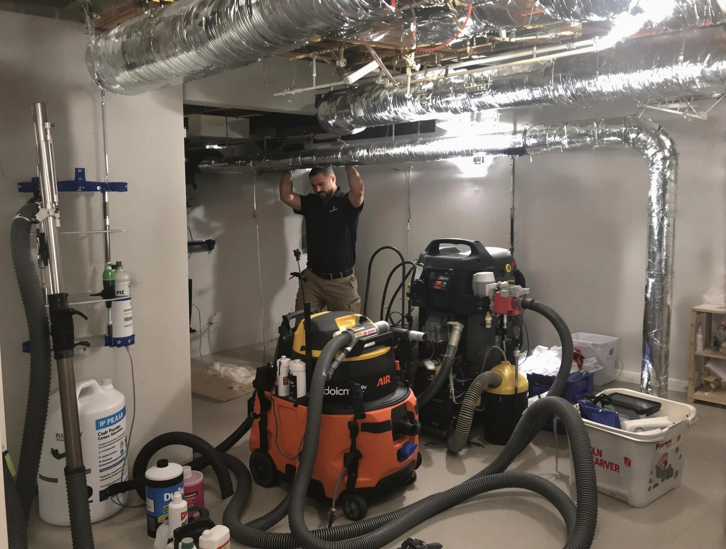 Alpine Air Duct Cleaning specialist performing professional mold removal from air ducts using safety equipment in Alpine