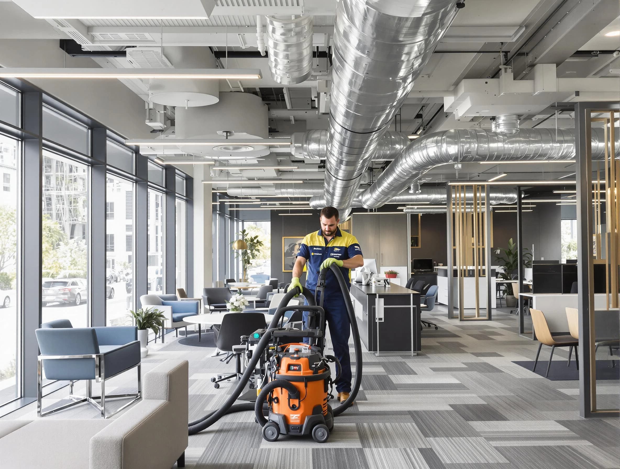 Alpine Air Duct Cleaning team performing thorough commercial duct cleaning at a Alpine business center