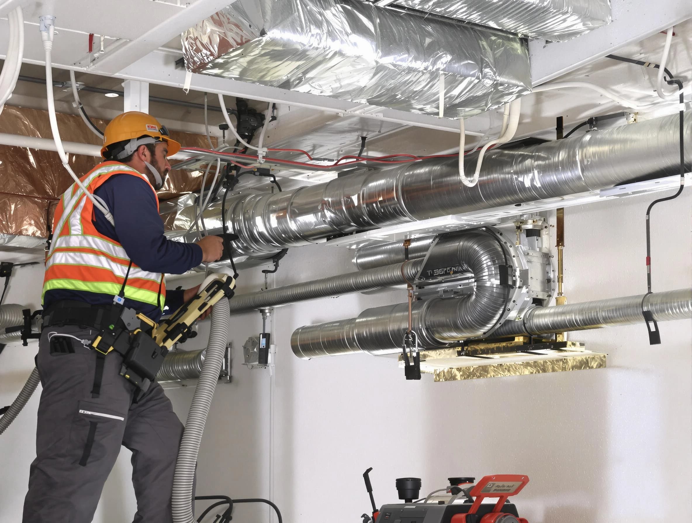 Alpine Air Duct Cleaning technician performing precision vacuum insulation removal in a residential property in Alpine